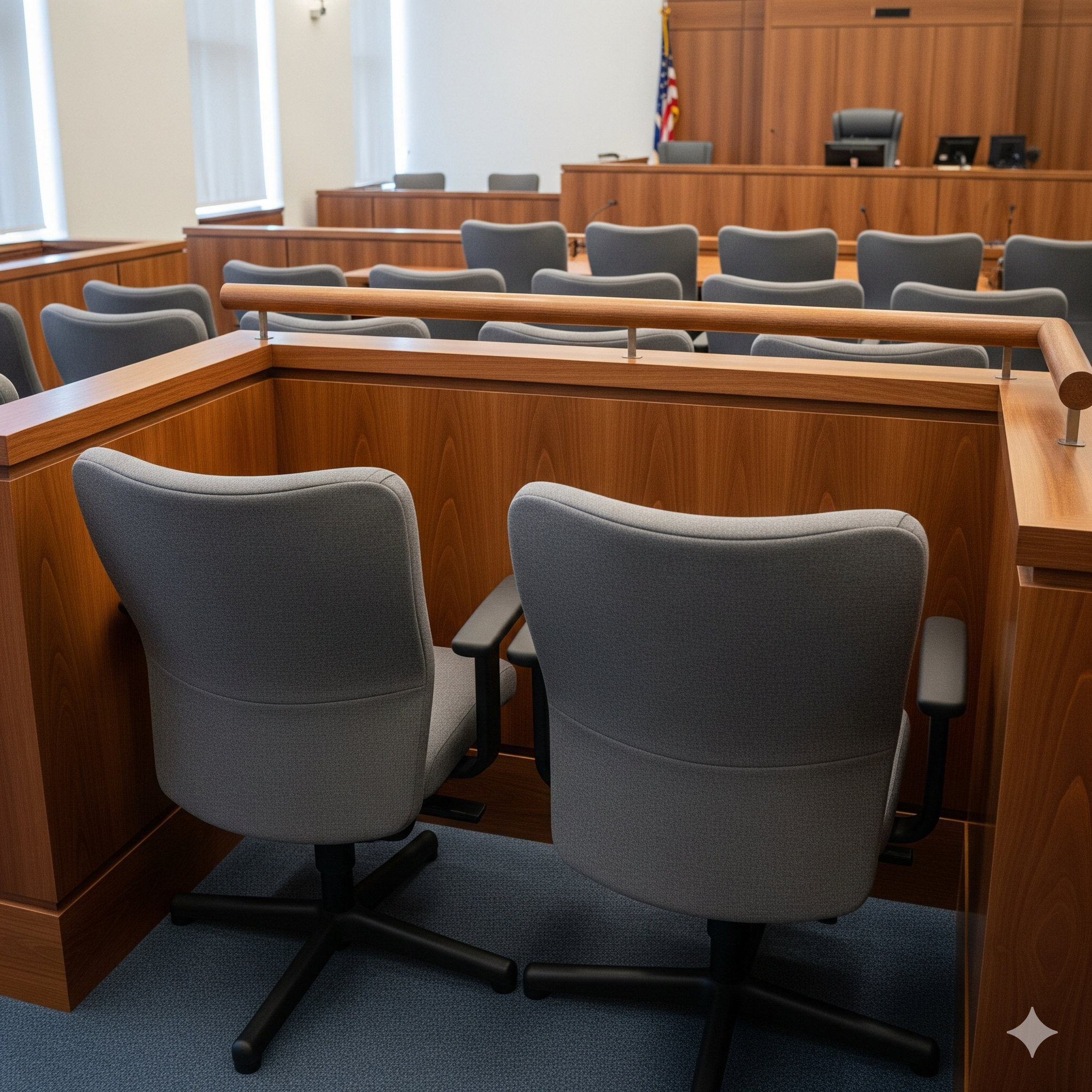 Empty jury box in a courtroom
