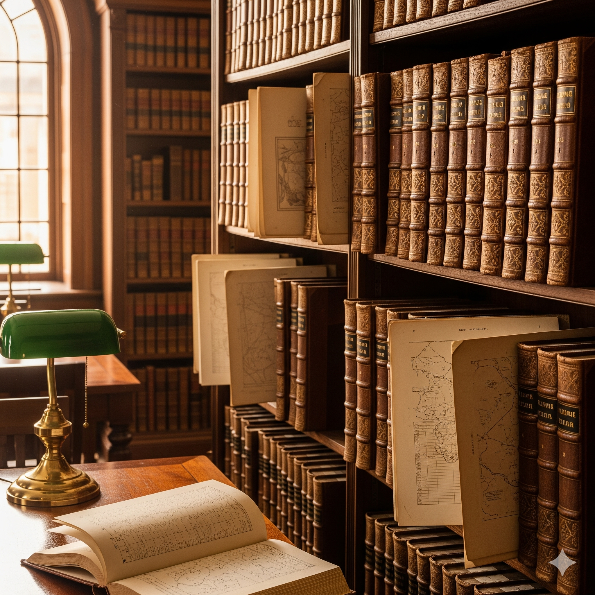 Rows of historical land record books